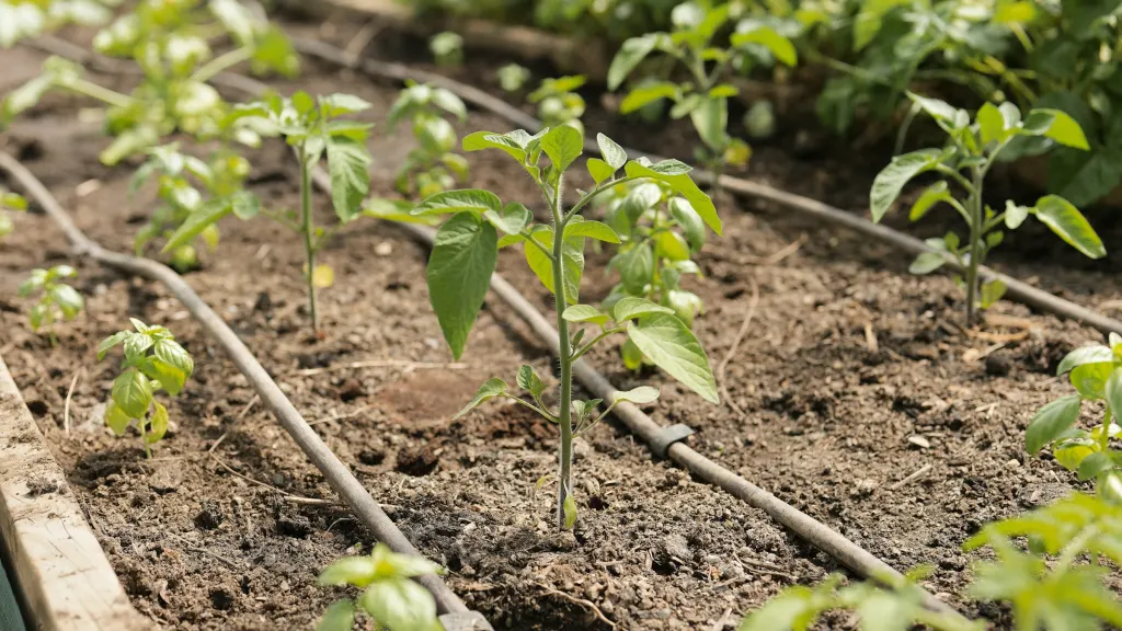 Drip irrigation line running through a planted garden bed