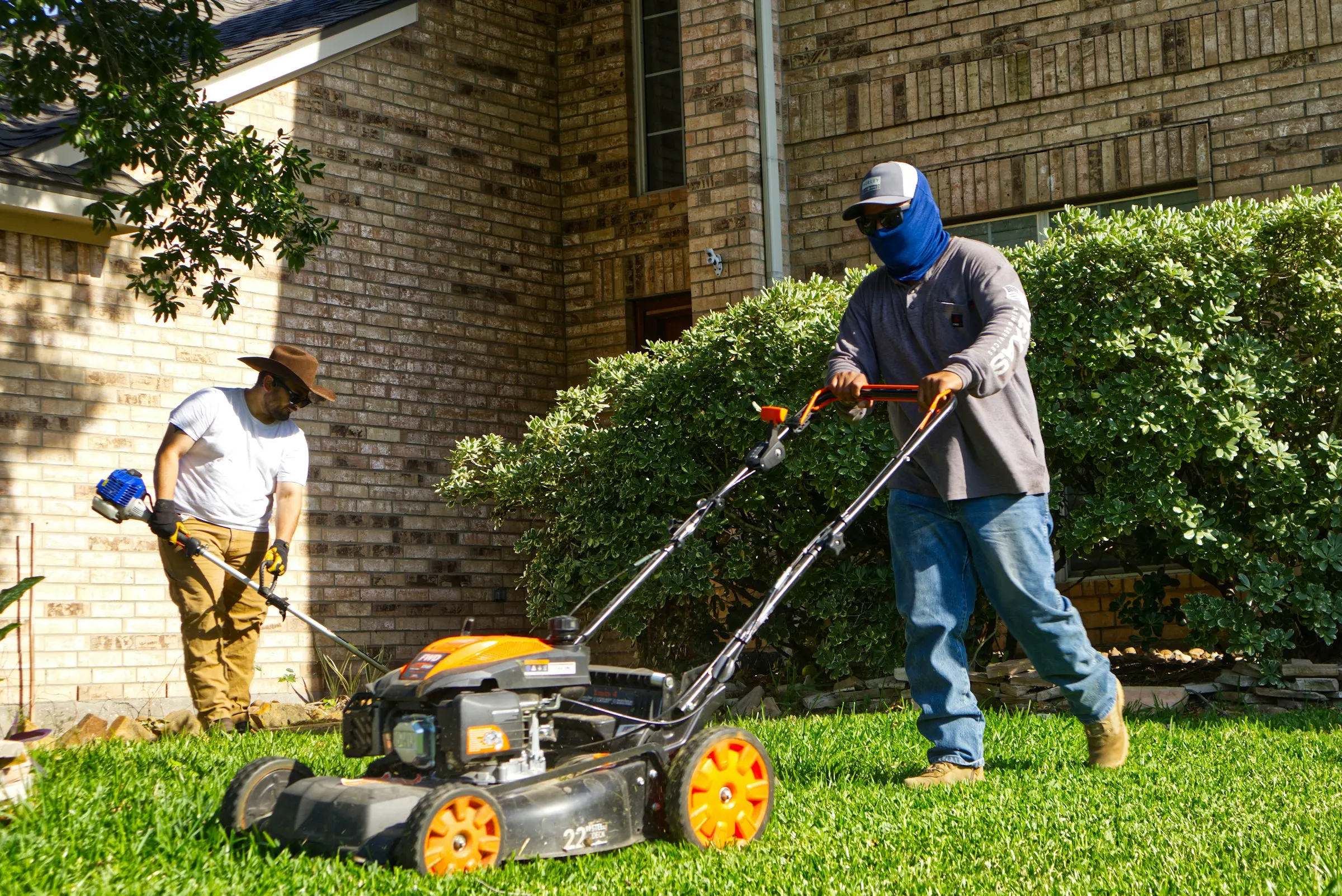 Two workers mowing and trimming a residential lawn