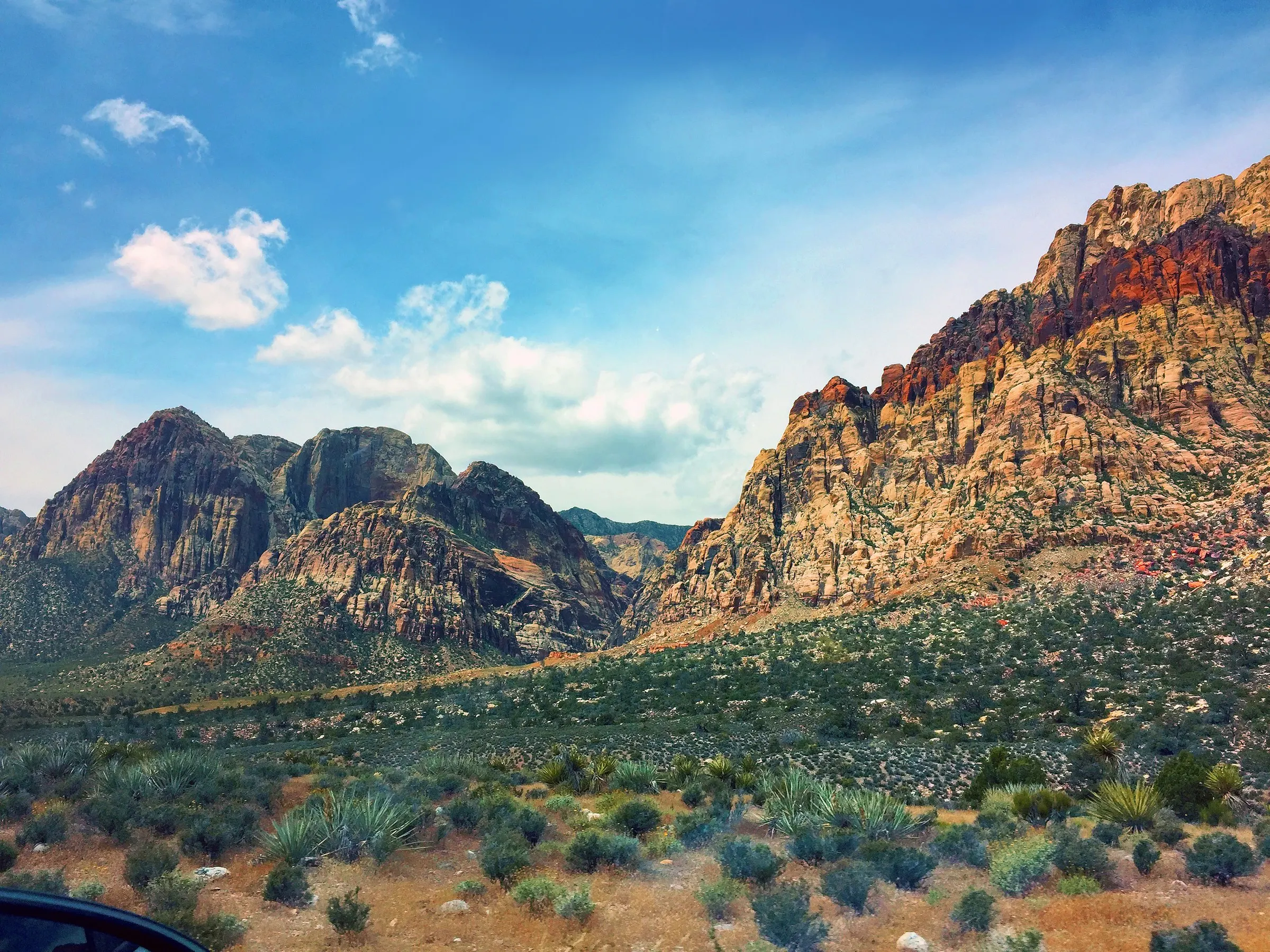 Desert scrub below the sandstone cliffs and peaks of Red Rock Canyon